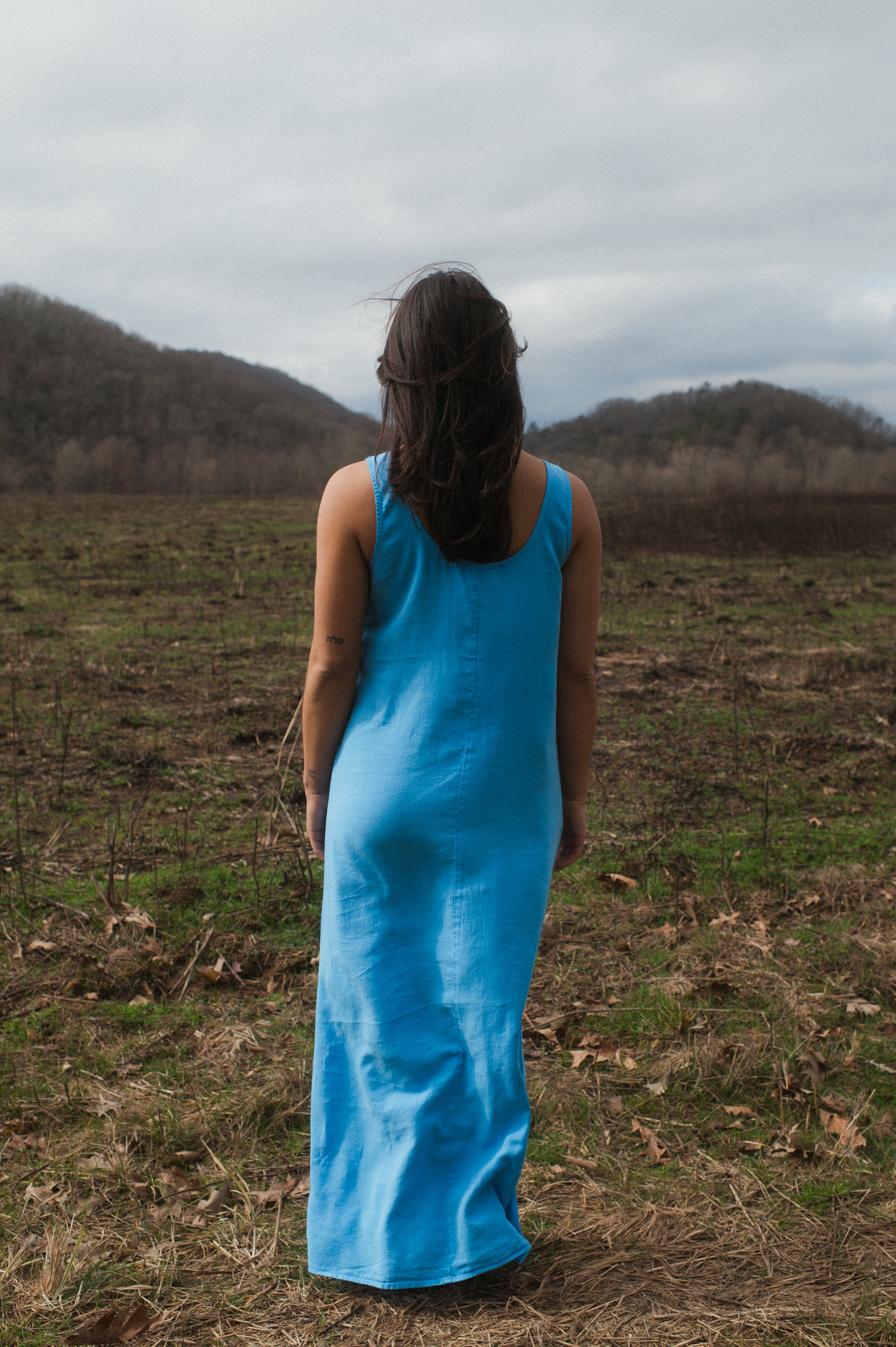 Back of model wearing blue Cupro Dress