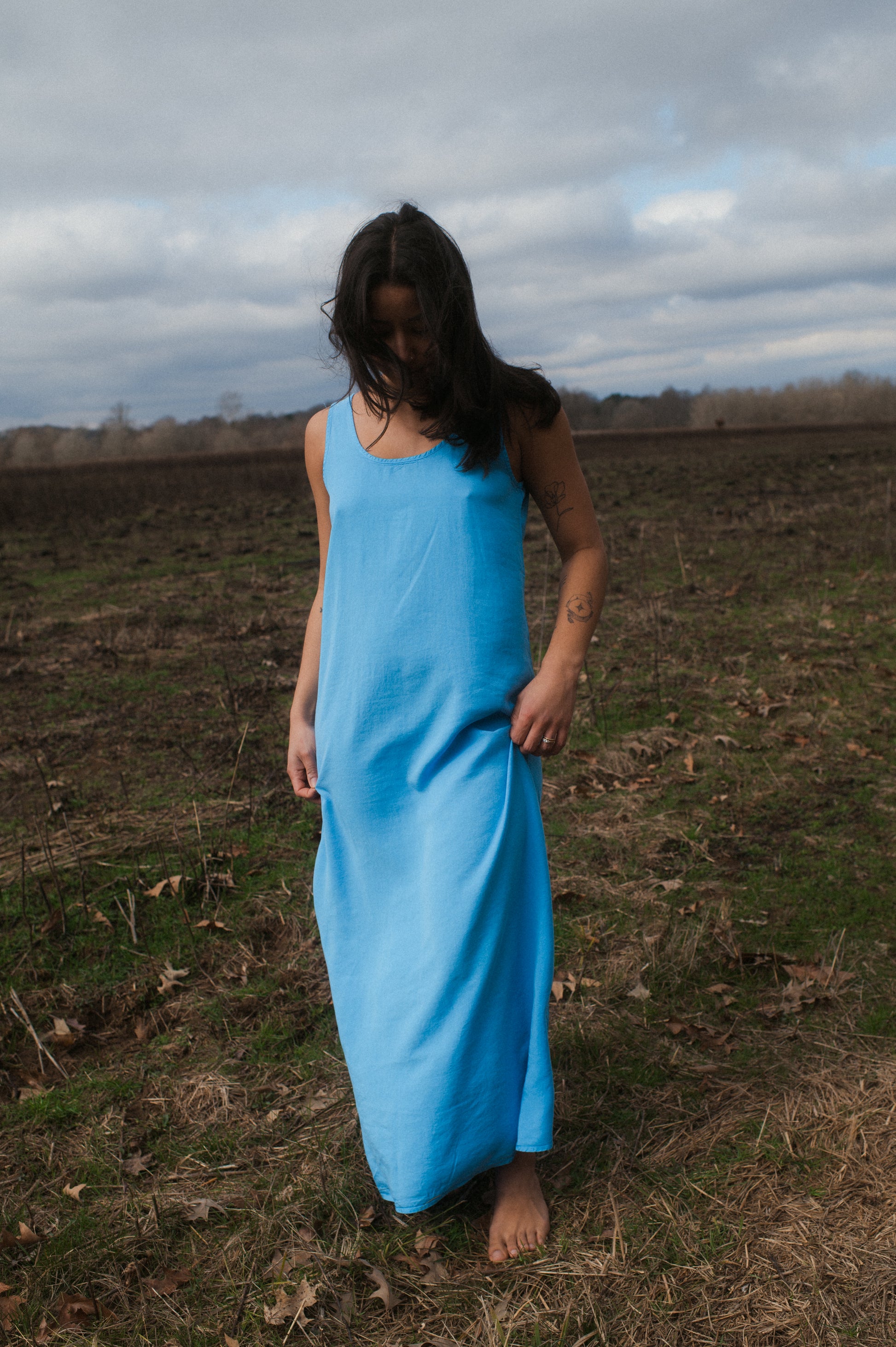 model wearing blue Cupro Dress