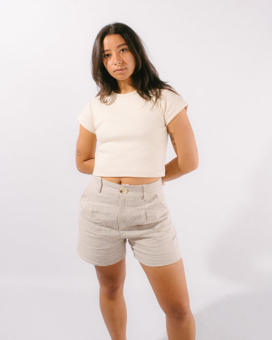 ribbed baby tee in cream on model