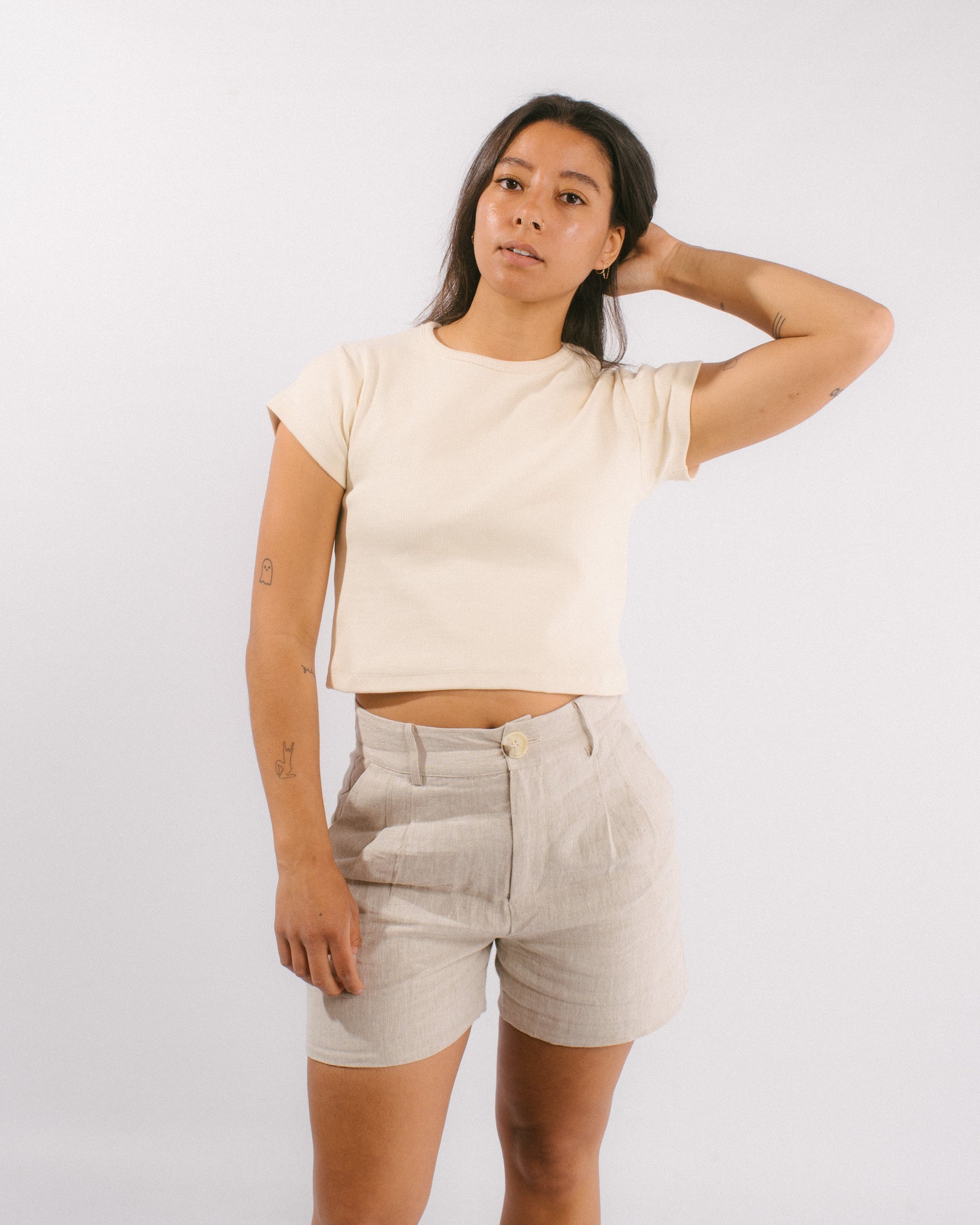 ribbed baby tee in cream on model