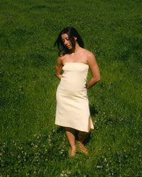 ribbed midi skirt in butter yellow as a tube dress