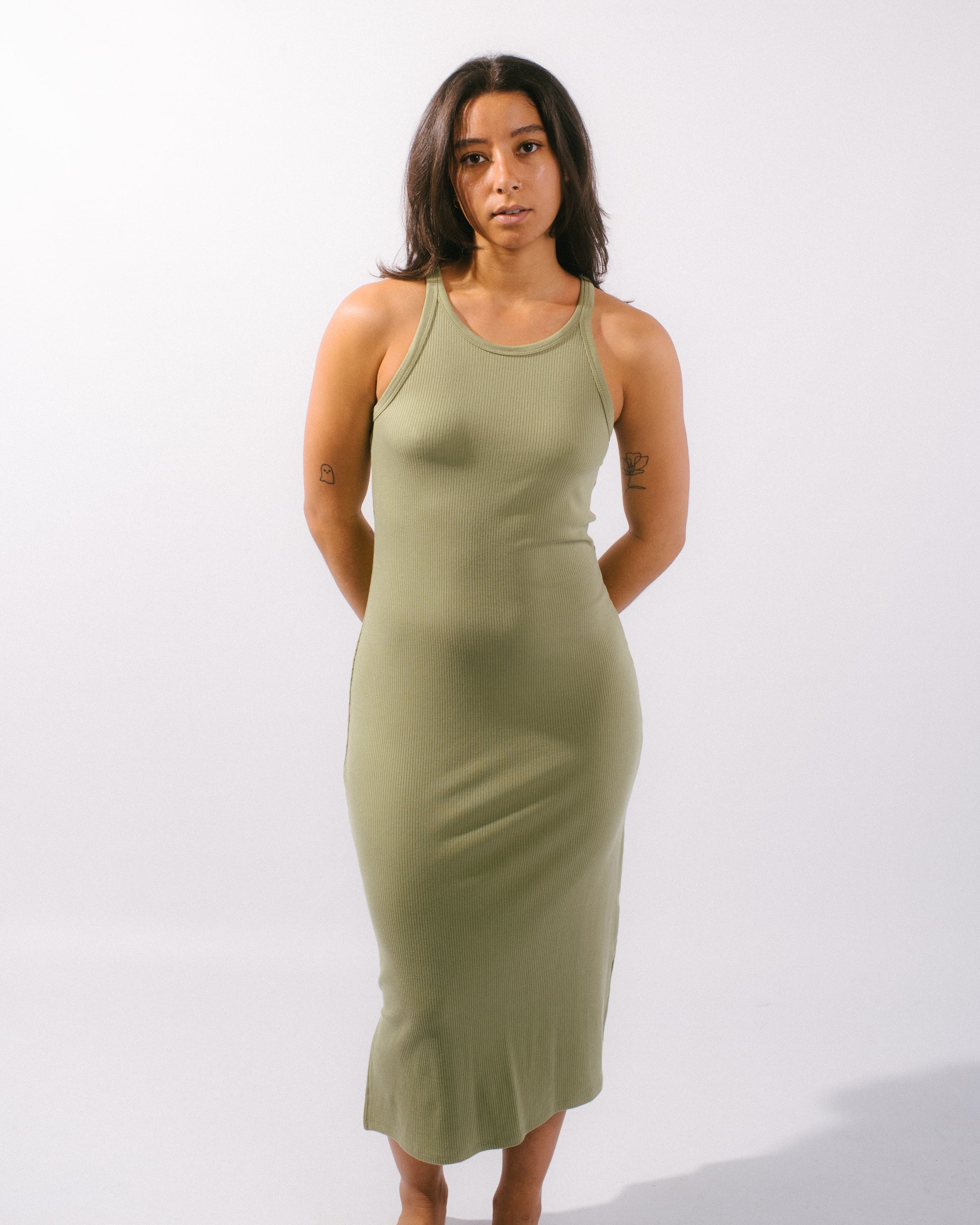 vintage ribbed midi dress in green fatigues on model