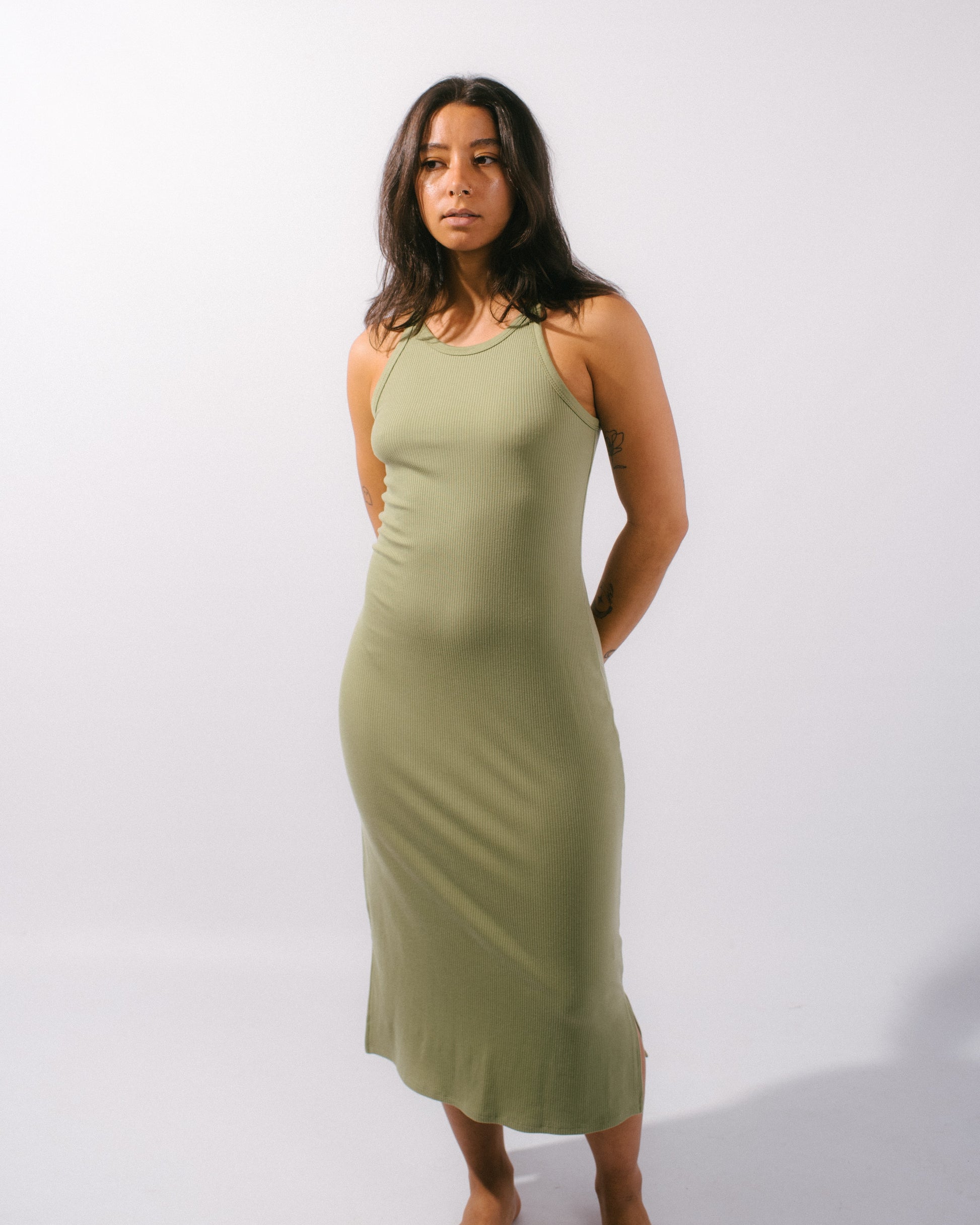 vintage ribbed midi dress in green fatigues on model