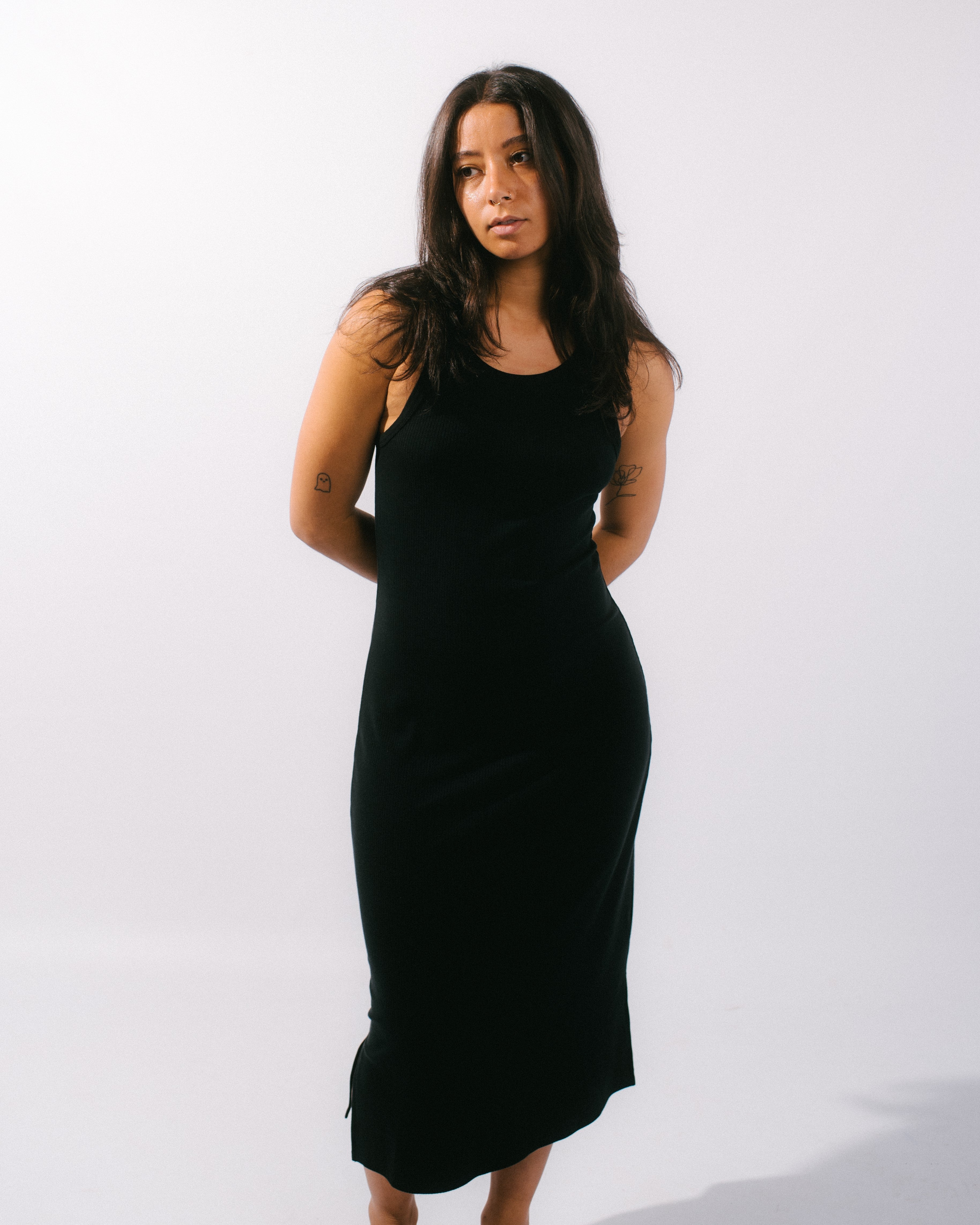 vintage ribbed midi dress in black on model