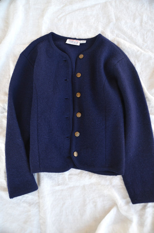 midnight blue wool coat or cardigan with floral button detail